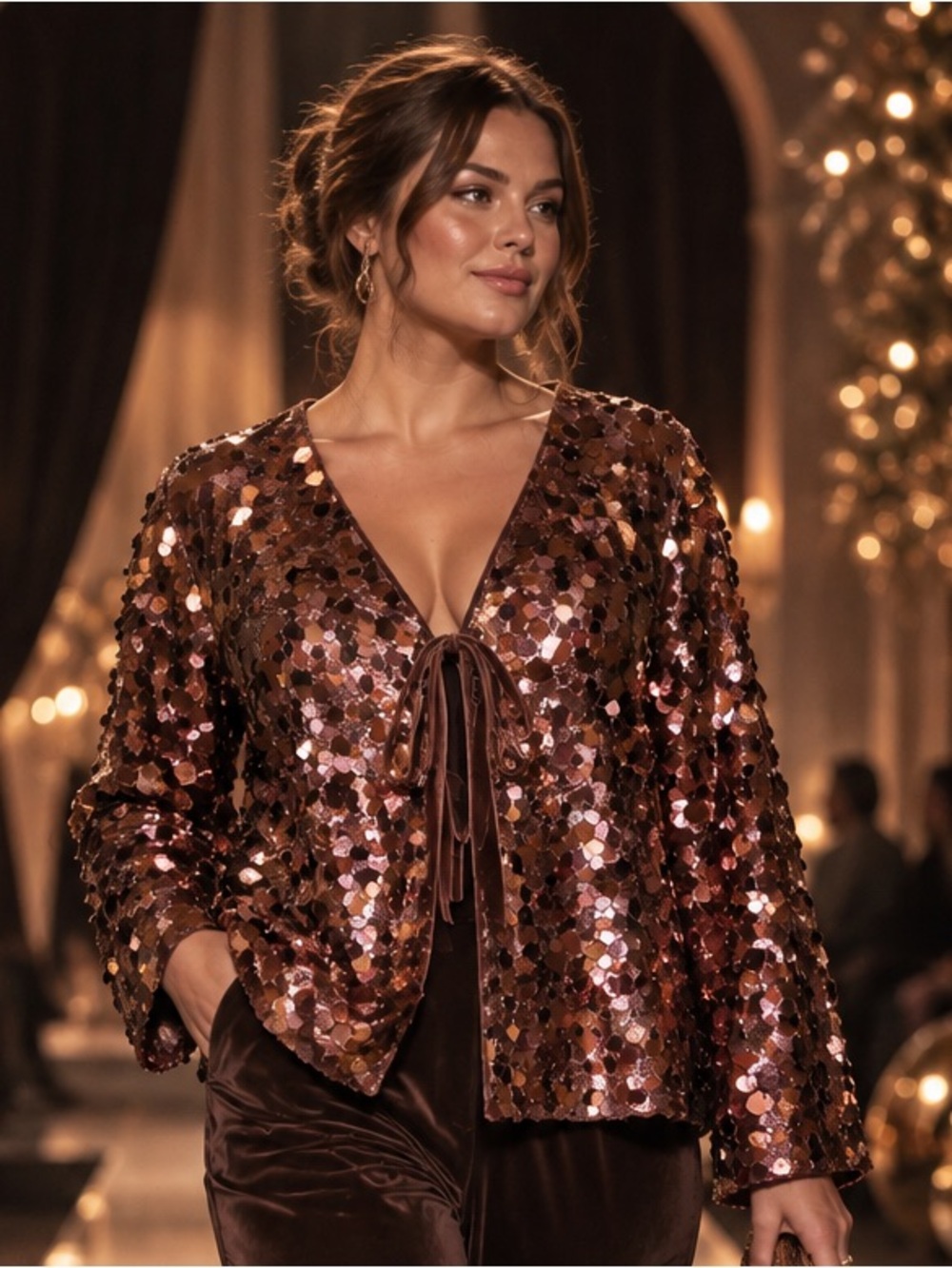 Skies Are Blue Curvy Chocolate Brown Sequin Velvet Tie Front Jacket 1X NWT